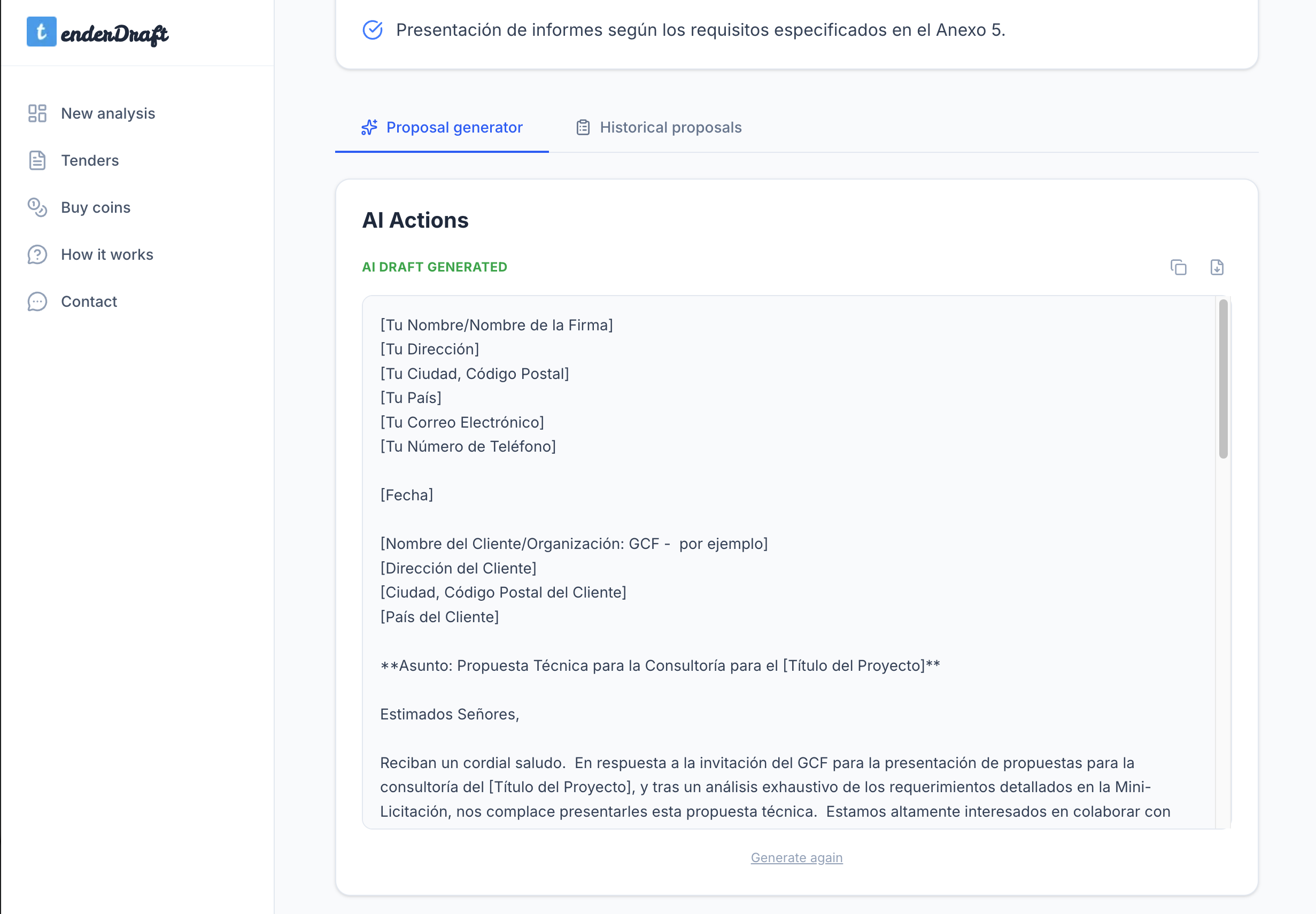 The TenderDraft editor interface